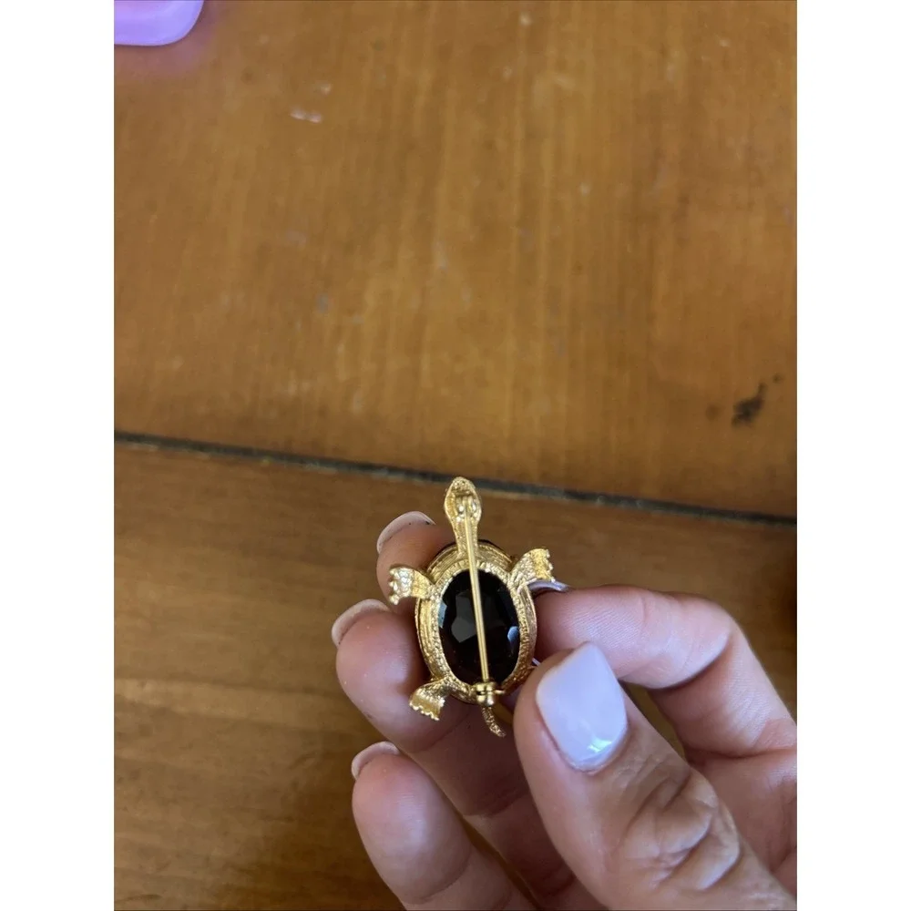Signed Panetta Turtle Brooch Brown Faceted Glass Stone Rhinestone Gold Tone MINT